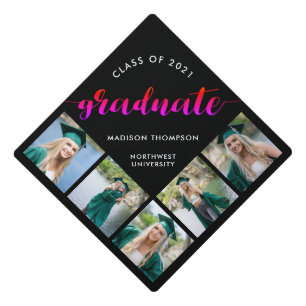 Modern Pink Gradient Calligraphy Custom Photo Graduation Cap Topper