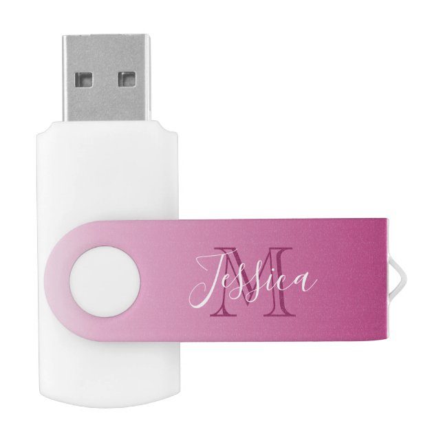Modern Pink Gradient With Name and Monogram Flash Drive (Opened)