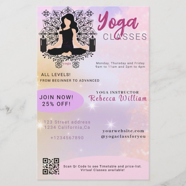 Modern Pink Gradient Yoga Instructor Studio Classe Flyer (Front)