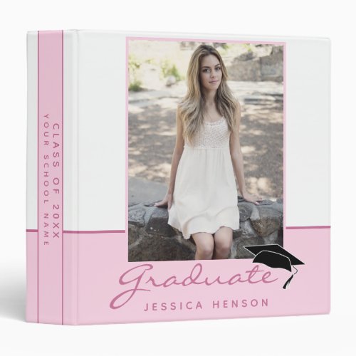 Modern Pink Graduation Keepsake Photo Album 3 Ring Binder - Modern Pink Graduation Keepsake Photo Album 3 ring binder. White background and pink stripe with trendy pink script Graduate. Modern pink keepsake scrapbook memory album for her. Add your favorite photo into the template and personalize the custom text with your grad’s name, class year and name of the school. Customize the special message on the backside.