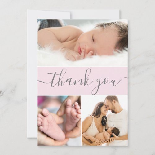 Modern Pink Gray Baby Girl Photo Collage Script Thank You Card