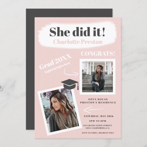 Modern pink gray brushstrokes graduation 2 photos invitation