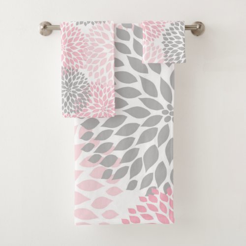 Modern Pink Gray dahlia floral bath decor Bath Towel Set