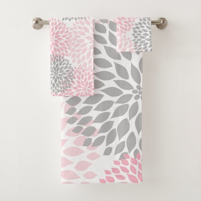Modern Pink Gray dahlia floral bath decor Bath Towel Set (Insitu)