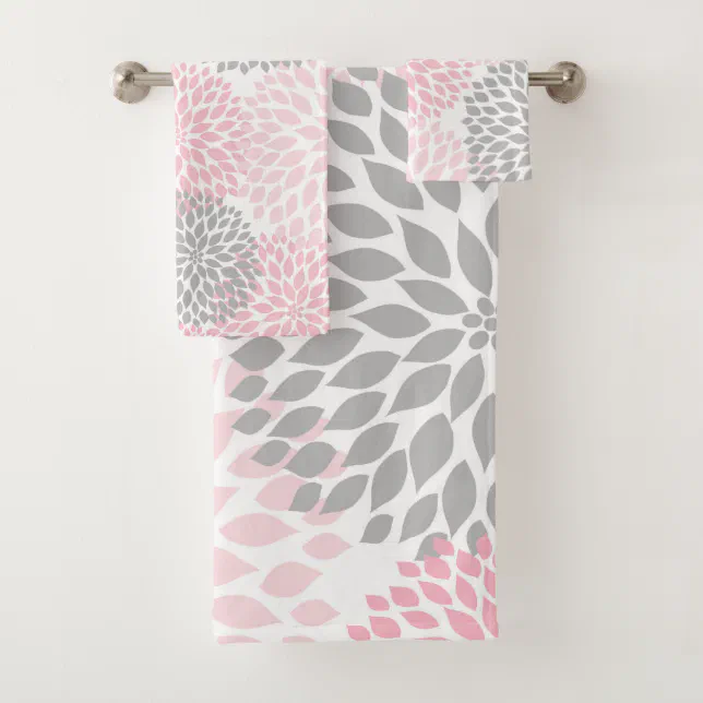 Modern Pink Gray dahlia floral bath decor Bath Towel Set | Zazzle