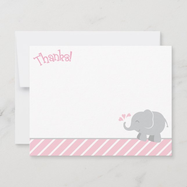 Modern Pink Gray Elephant Baby Shower Note Card (Front)