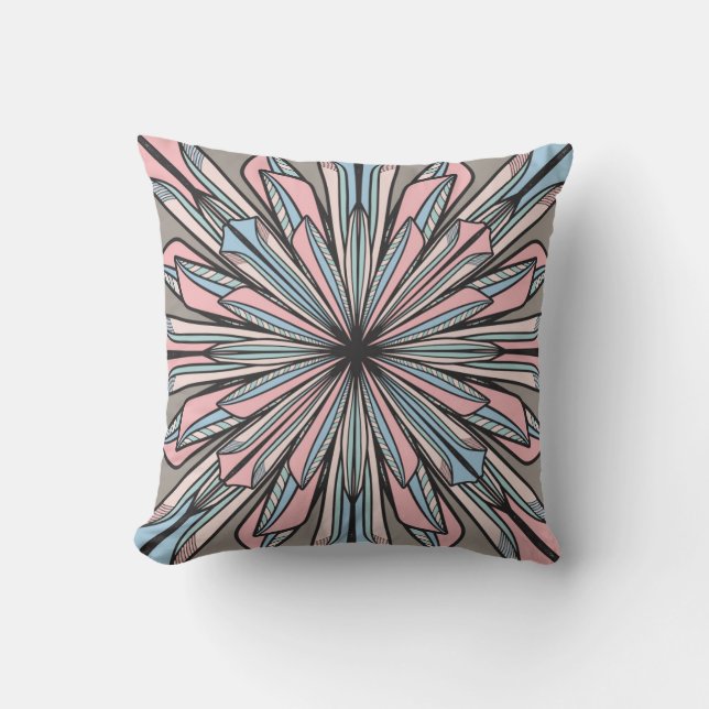 Modern Pink Gray Geometric Abstract Flower Drawing Throw Pillow (Front)