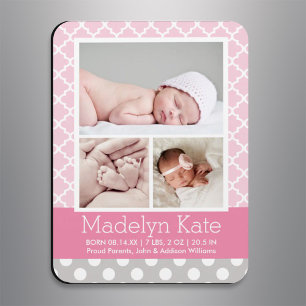Modern Pink Gray Lattice Baby Girl Photo Birth Magnet
