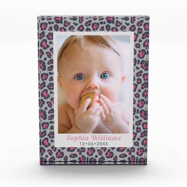 Modern Pink Gray Leopard Print Baby Photo Block (Front)