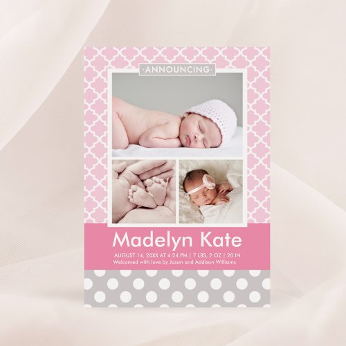 Modern Pink Gray Pattern Baby Girl Photo Birth Announcement