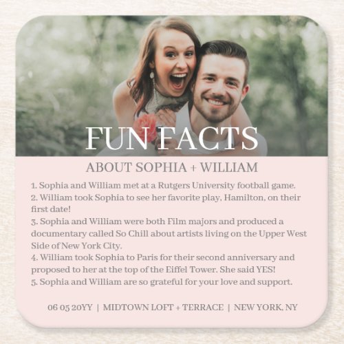 Modern Pink Gray Photo Fun Facts Wedding Square Paper Coaster