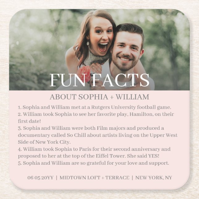 Modern Pink Gray Photo Fun Facts Wedding Square Paper Coaster (Front)