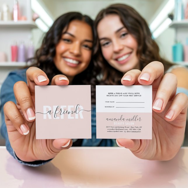 Modern pink gray refer a friend script signature referral card (Modern pink gray refer a friend script signature)