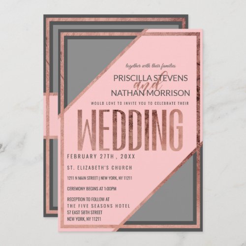 Modern Pink Gray Rose Gold Chic Linear Geo Wedding Invitation