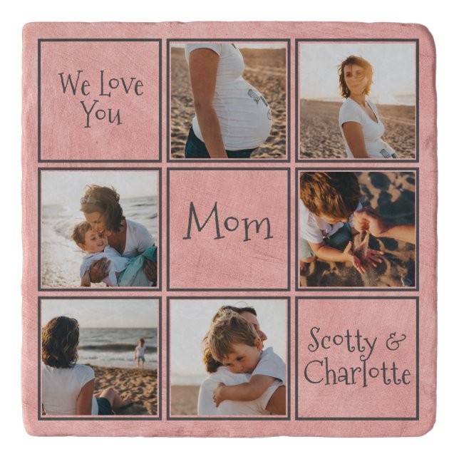 Modern Pink Gray Textured We Love You Mom Photo Trivet (Front)