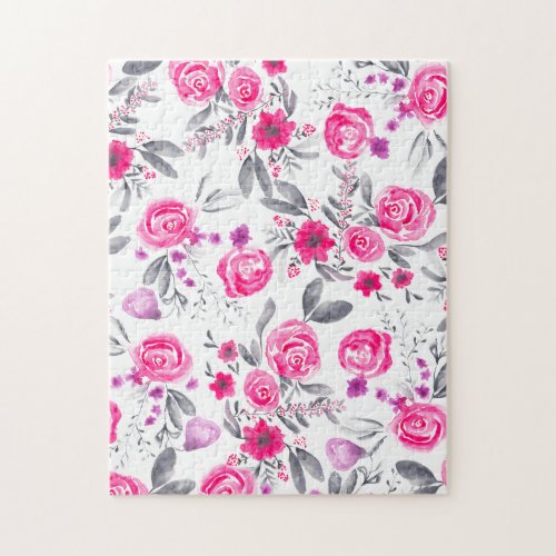 Modern pink gray watercolor abstract flowers leaf jigsaw puzzle