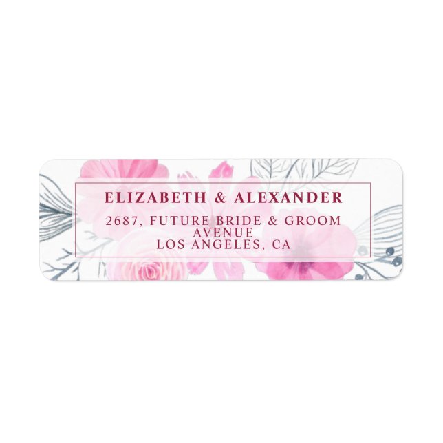 Modern pink gray watercolor flowers spring wedding label (Front)