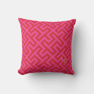 Modern pink greek key geometric patterns monogram throw pillow