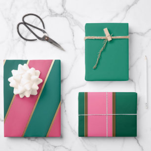 Modern Pink & Green and Gold Stripes  Wrapping Paper Sheets