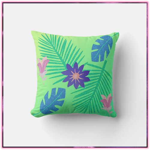Modern Pink Green and Purple Tropical  Throw Pillow