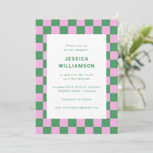 Modern Pink Green Bat Mitzvah Party Checkerboard Invitation
