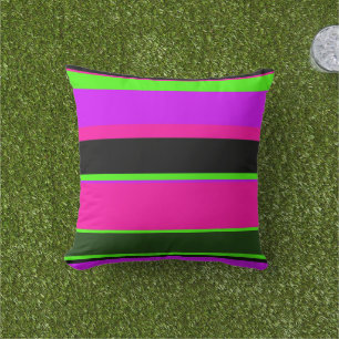 Modern Pink Green Black Neon Stripes Outdoor Pillow