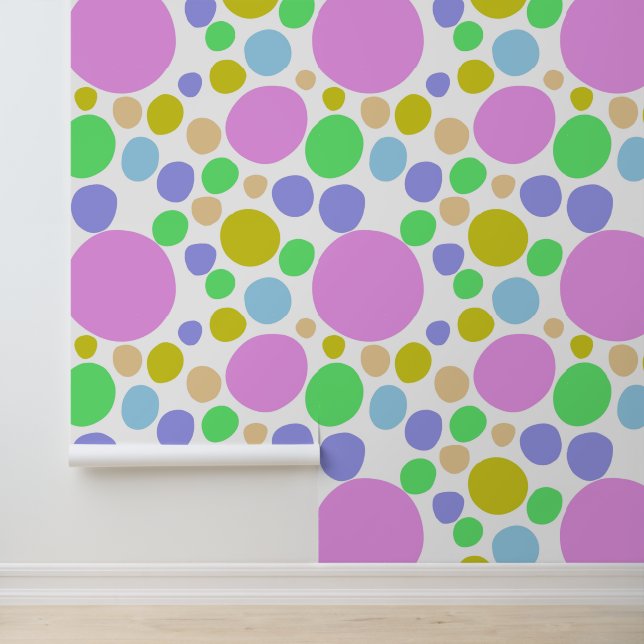 Modern, pink, green, blue and yellow funky dotty wallpaper  (Application)
