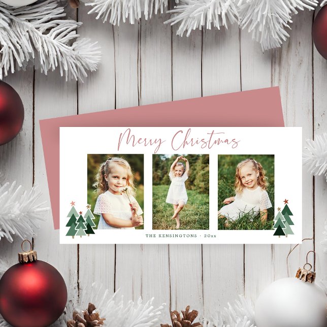 Modern Pink Green Christmas Holiday 3 Photo (Modern Pink Green Christmas Holiday 3 Photo Card)