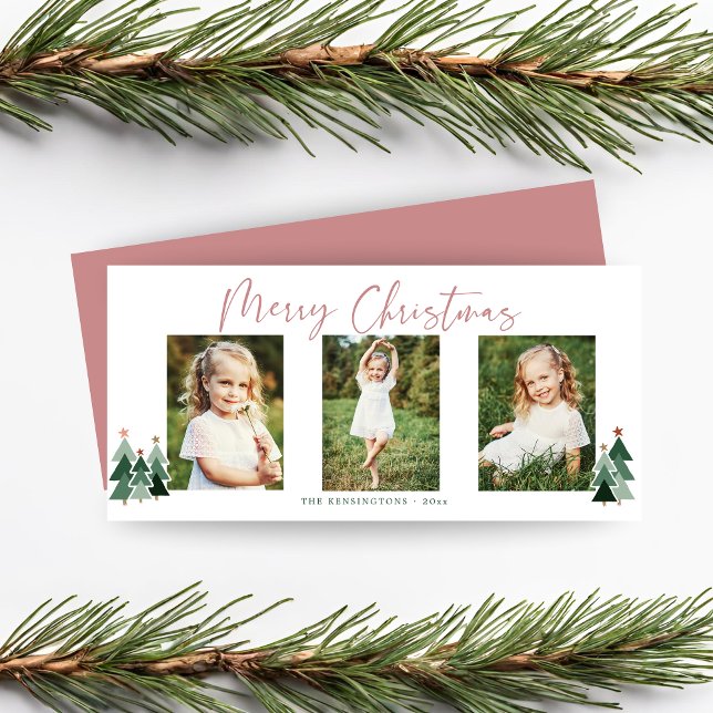 Modern Pink Green Christmas Holiday 3 Photo (Modern Pink Green Christmas Holiday 3 Photo Card)