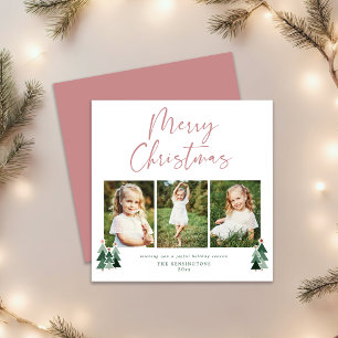 Modern Pink Green Christmas Holiday 3 Photo Card