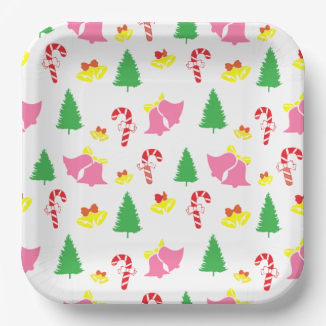 Modern Pink Green Christmas Pattern     Paper Plates (Front)
