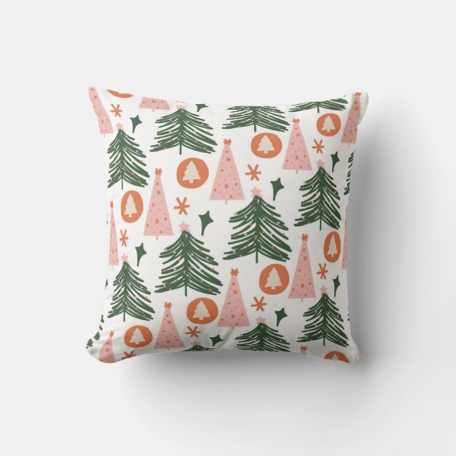 Modern Pink Green Christmas Tree Pattern Holiday Throw Pillow (Front)