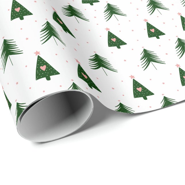 Modern Pink & Green Christmas Trees Holiday Wrapping Paper (Roll Corner)