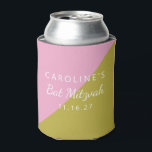 Modern Pink Green Color Block Custom Bat Mitzvah Can Cooler<br><div class="desc">This chic and modern can cooler features a stylish pink and green color block design, perfect for adding a personalized touch to any Bat Mitzvah celebration. Customize it with the guest of honor's name and event date to create a memorable keepsake. Ideal for party favors or gifts, this can cooler...</div>