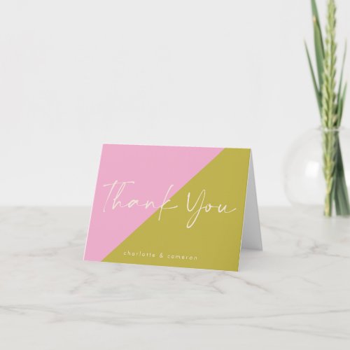 Modern Pink Green Color Block Personalized Thank You Card