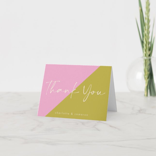 Modern Pink Green Color Block Personalized Thank You Card (Front)