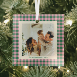 Modern Pink Green Family Photo Keepsake Christmas Glass Ornament