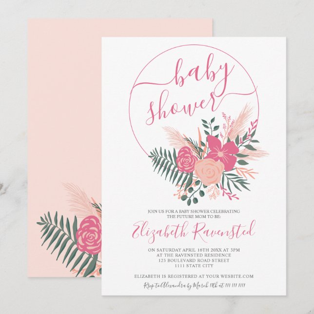 Modern pink green floral bouquet font baby shower invitation (Front/Back)