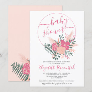 Modern pink green floral bouquet font baby shower invitation
