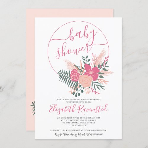 Modern pink green floral bouquet font baby shower invitation