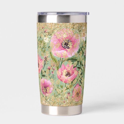 Modern Pink Green Floral Chic Gold Glitter Elegant Insulated Tumbler