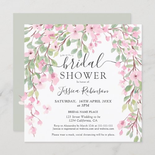 Modern pink green floral watercolor bridal shower invitation