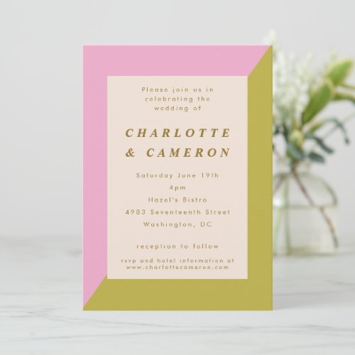 Modern Pink Green Geometric All In One Wedding Invitation