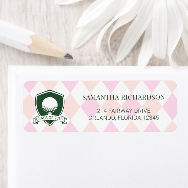 Modern Pink Green Golf Graduation Return Address Label (Insitu)