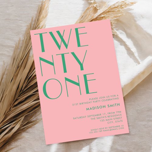 Modern Pink Green Minimalist Chic 21st Birthday Invitation