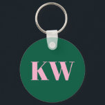 Modern Pink Green Monogram Initials Personalized Keychain<br><div class="desc">This personalized keychain features bold serif initials in soft pink set against a green background.</div>
