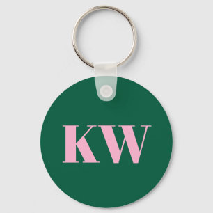 Modern Pink Green Monogram Initials Personalized Keychain