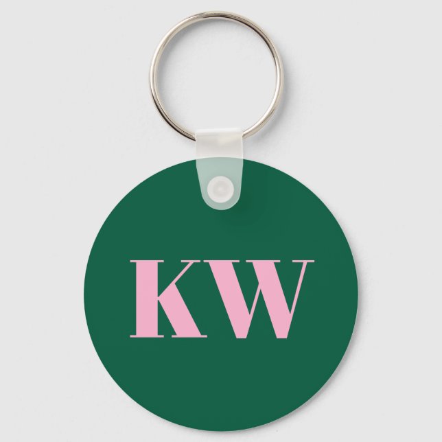 Modern Pink Green Monogram Initials Personalized Keychain (Front)