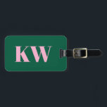 Modern Pink Green Monogram Initials Personalized Luggage Tag<br><div class="desc">This luggage tag features your initials and contact information in pink on a green background.</div>