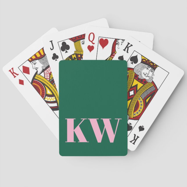 Modern Pink Green Monogram Initials Personalized Poker Cards (Back)